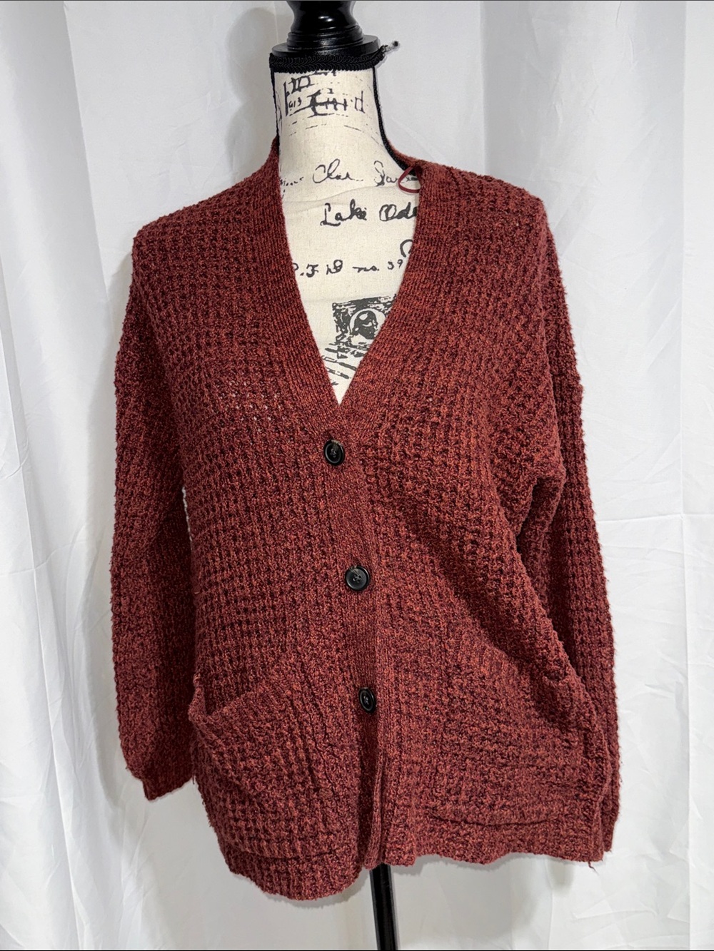 American Eagle Cozy Waffle-Knit Long Sleeve Top in Brick Red